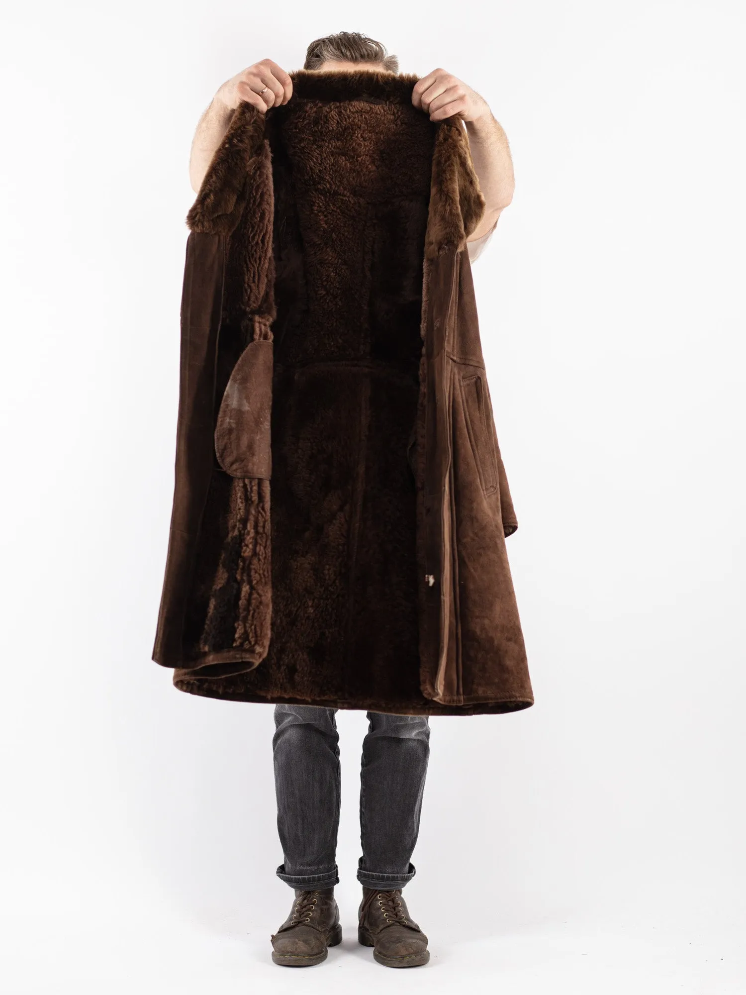 Vintage 70's Men Sheepskin Long Coat in Brown