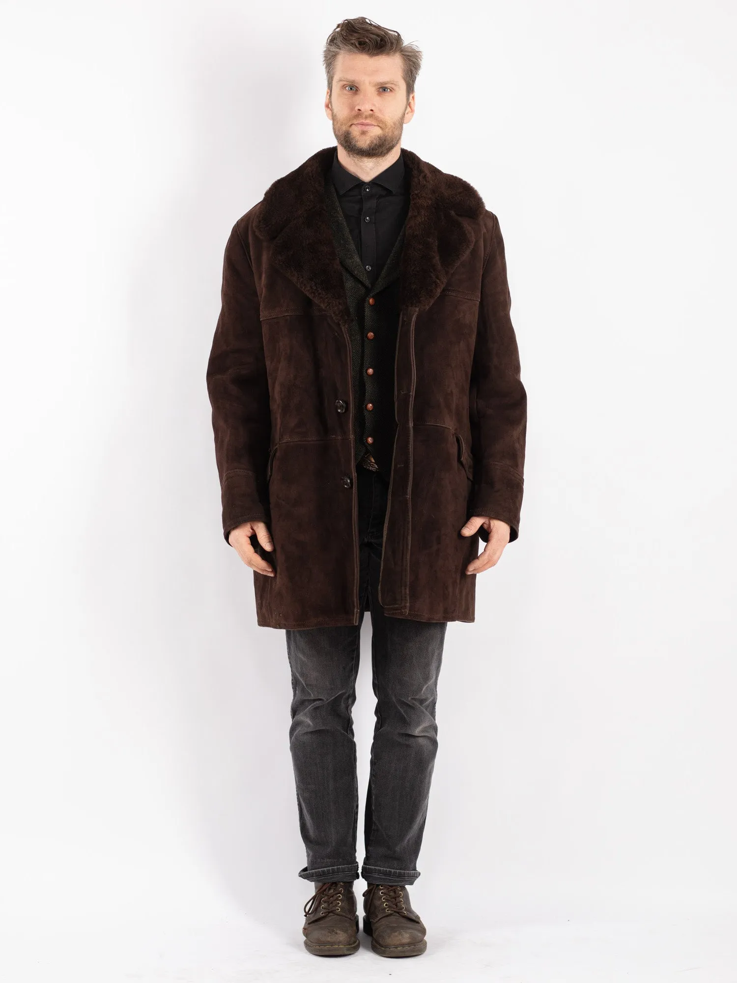 Vintage 70's Men Sheepskin Shearling Coat in Brown