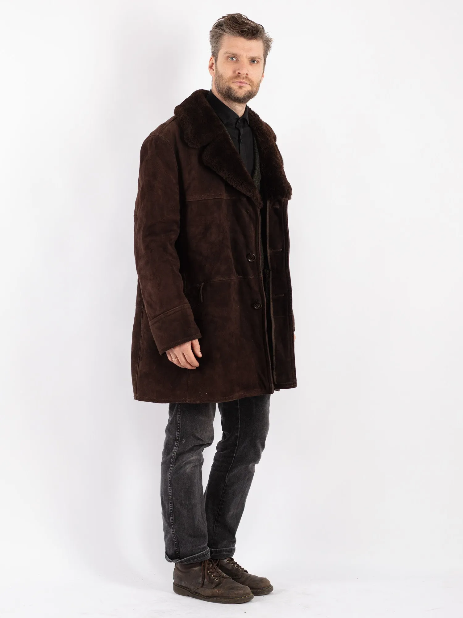 Vintage 70's Men Sheepskin Shearling Coat in Brown