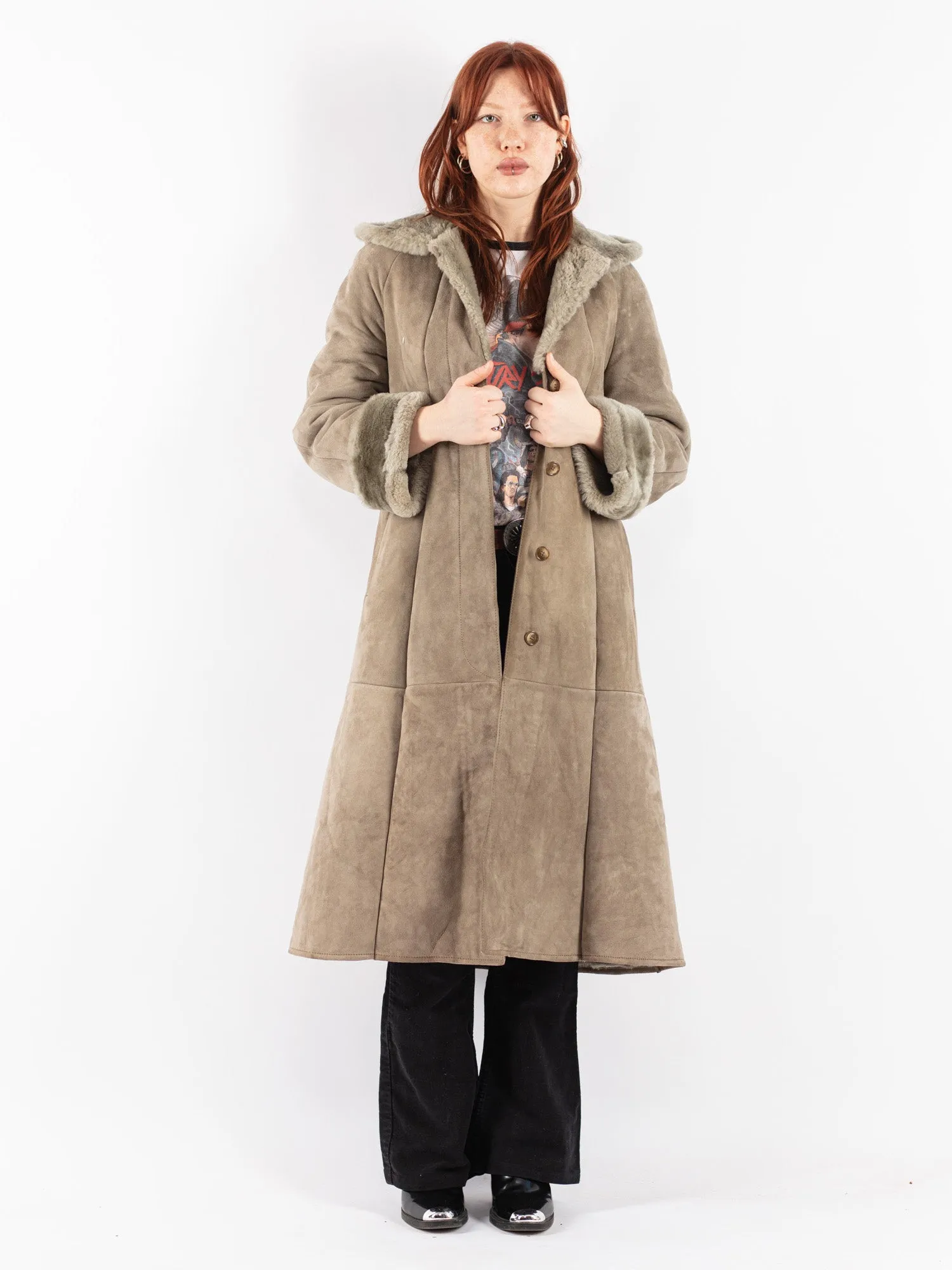 Vintage 70's Women Hooded Sheepskin Long Coat in Beige