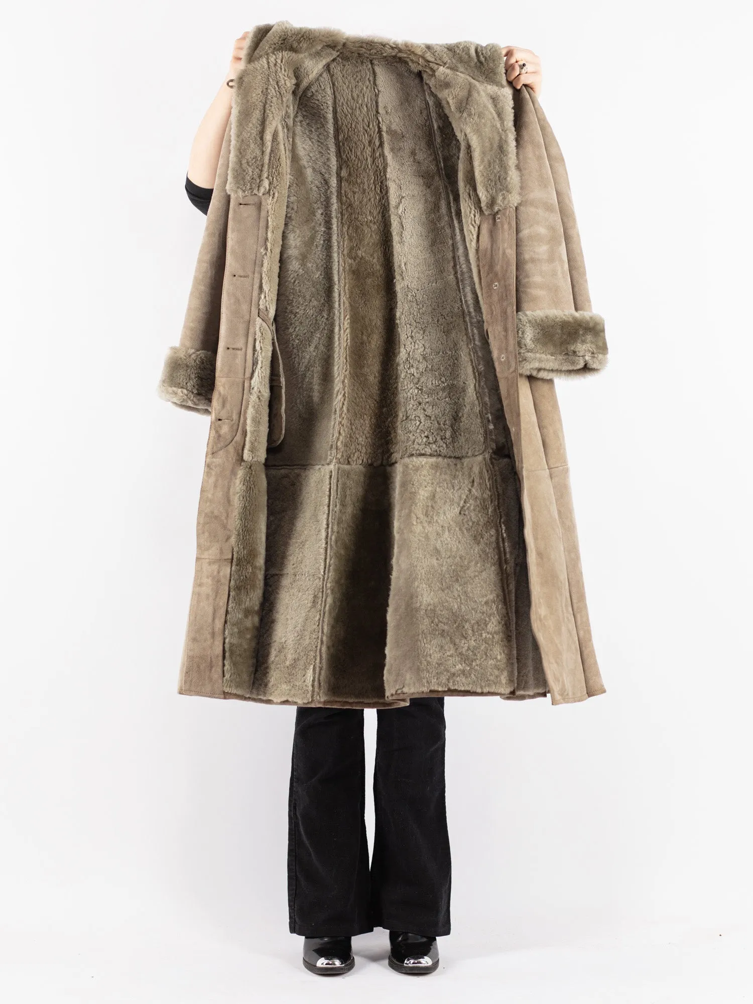 Vintage 70's Women Hooded Sheepskin Long Coat in Beige