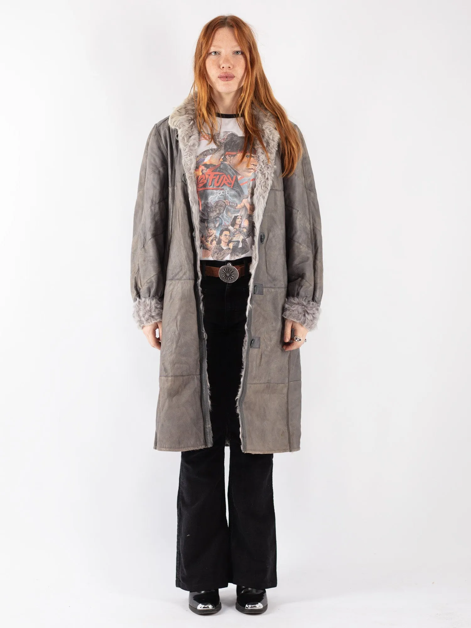 Vintage 70's Women Sheepskin Long Coat in Gray