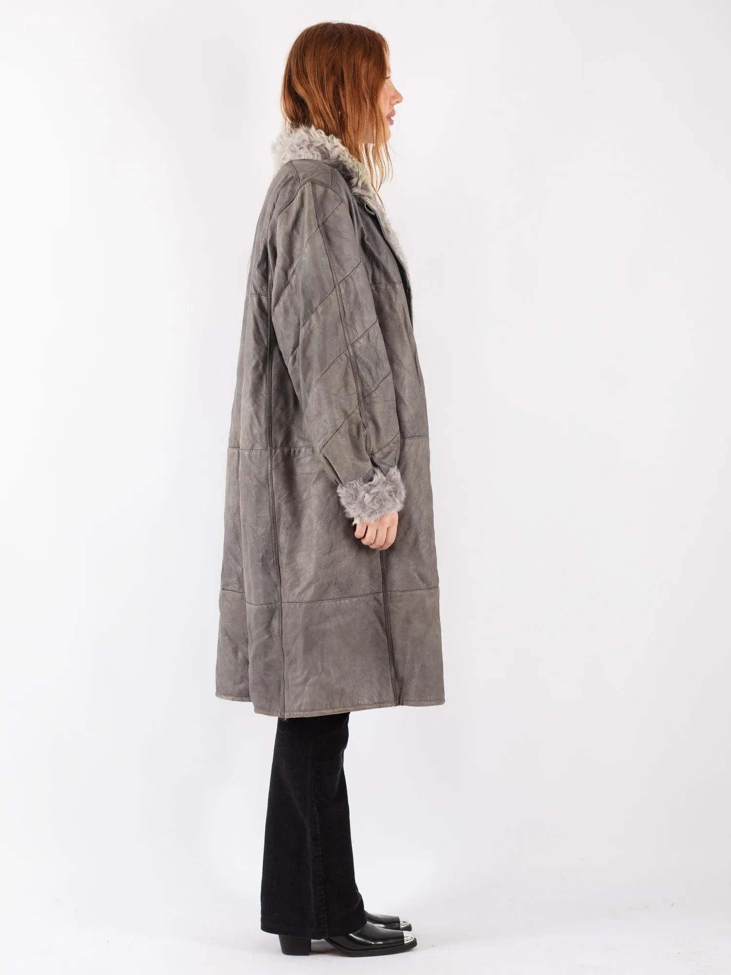 Vintage 70's Women Sheepskin Long Coat in Gray