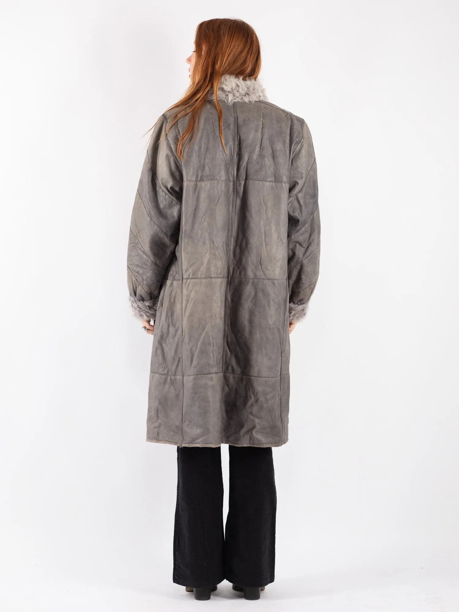 Vintage 70's Women Sheepskin Long Coat in Gray