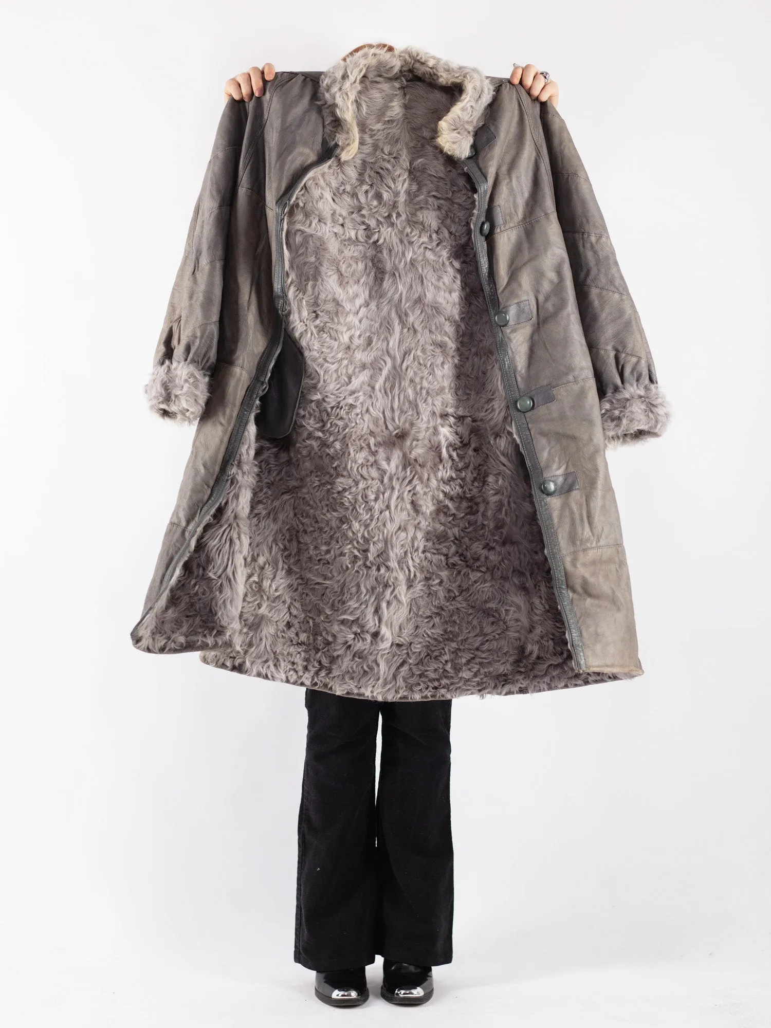 Vintage 70's Women Sheepskin Long Coat in Gray