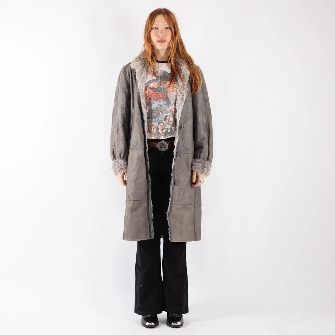 Vintage 70's Women Sheepskin Long Coat in Gray