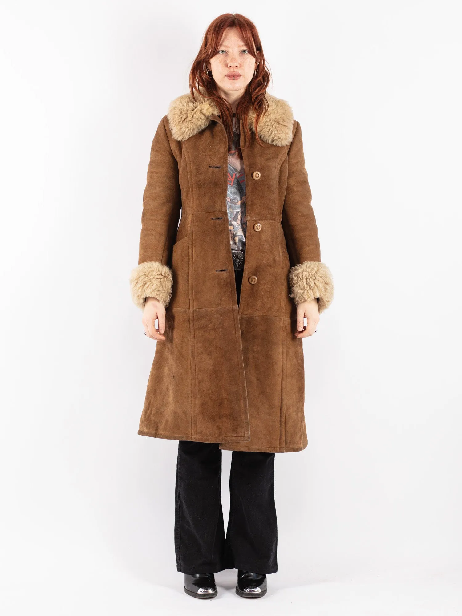 Vintage 70's Women Sheepskin Shearling Coat in Brown