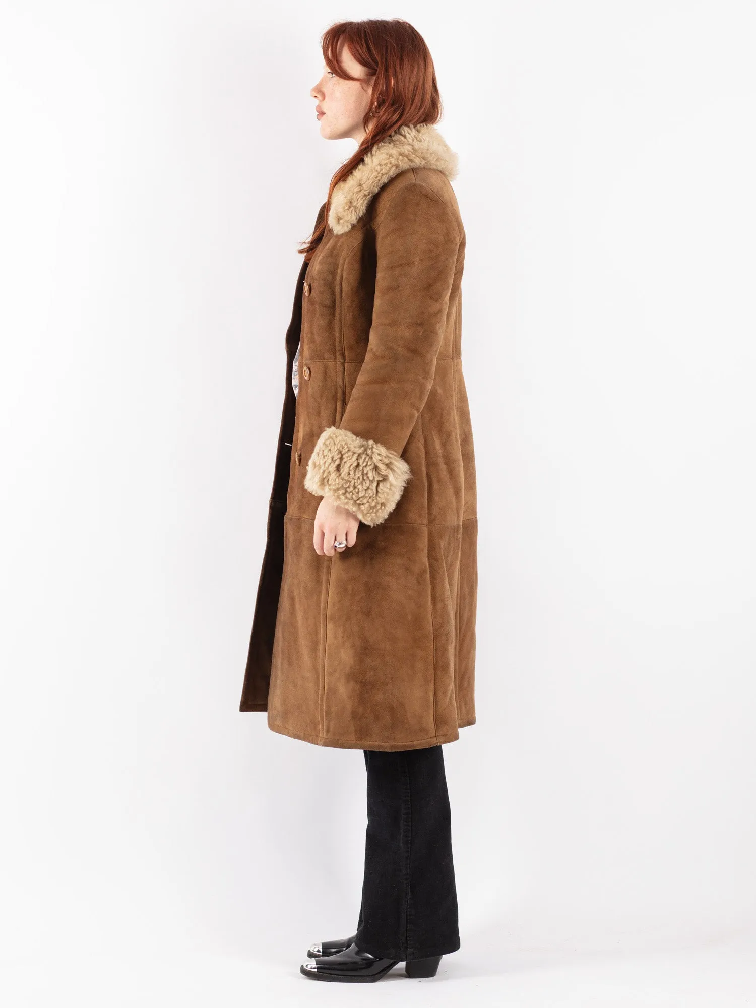 Vintage 70's Women Sheepskin Shearling Coat in Brown