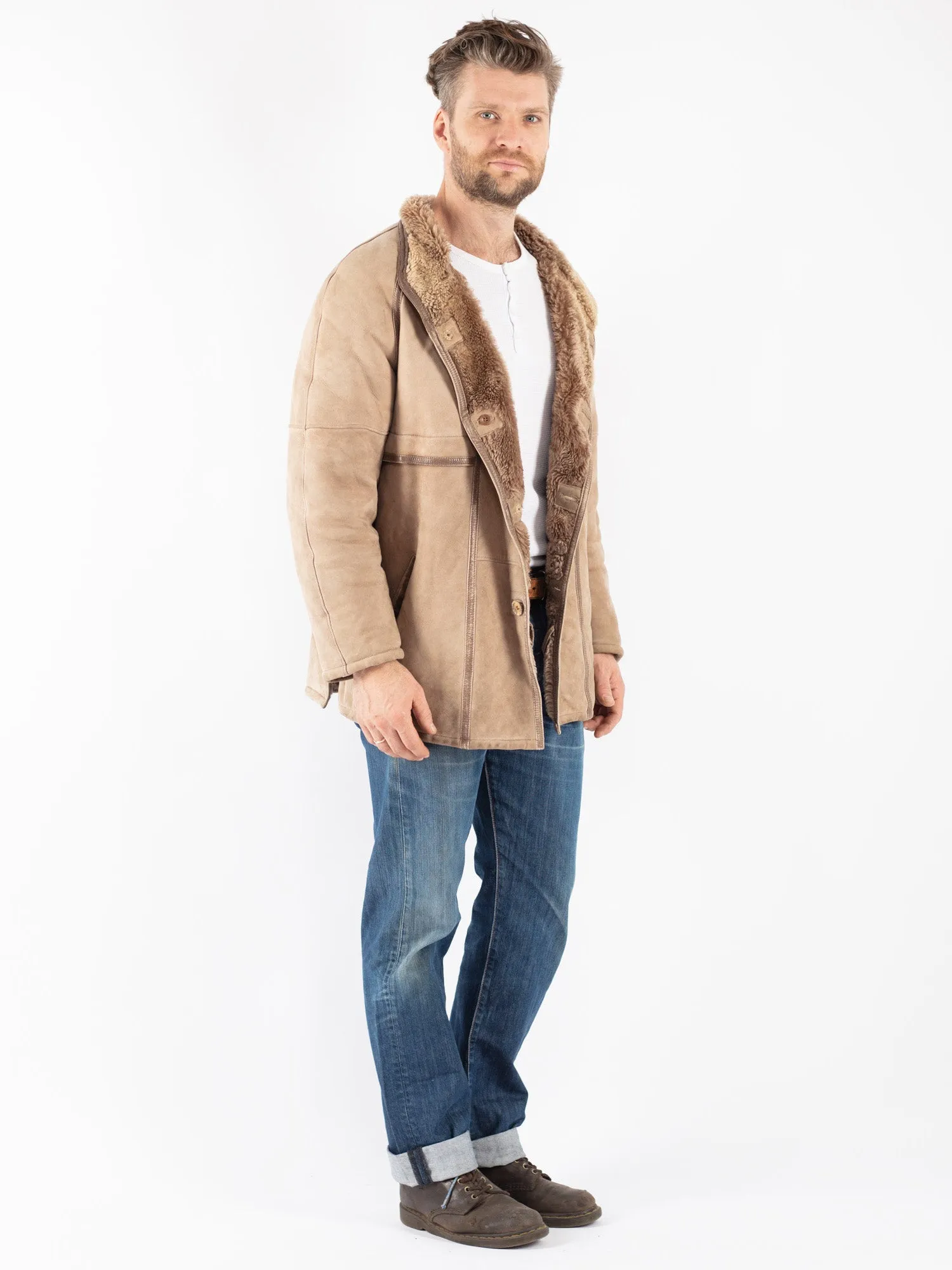 Vintage 80's Men Sheepskin Coat in Beige