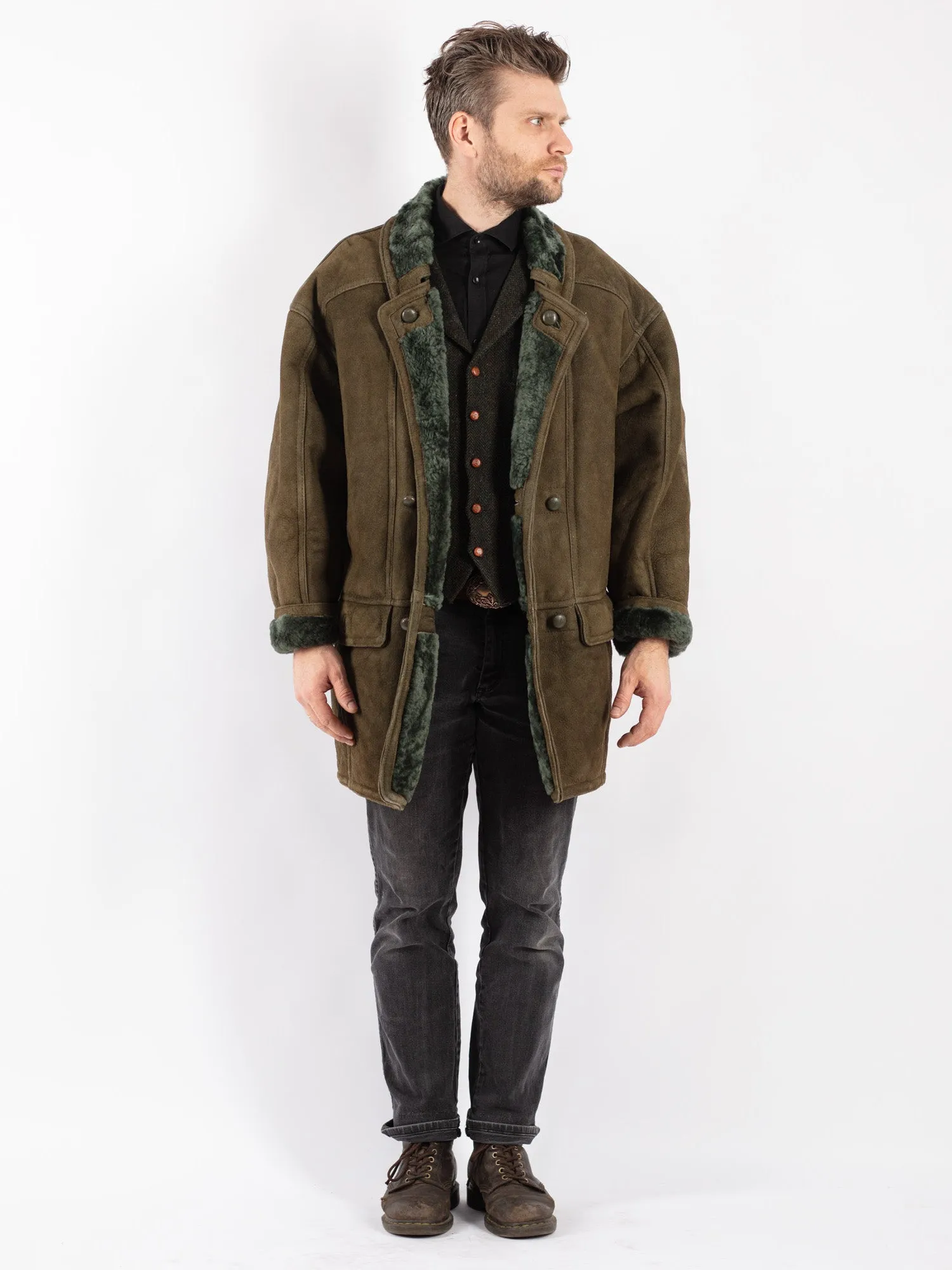 Vintage 80's Men Sheepskin Coat in Green