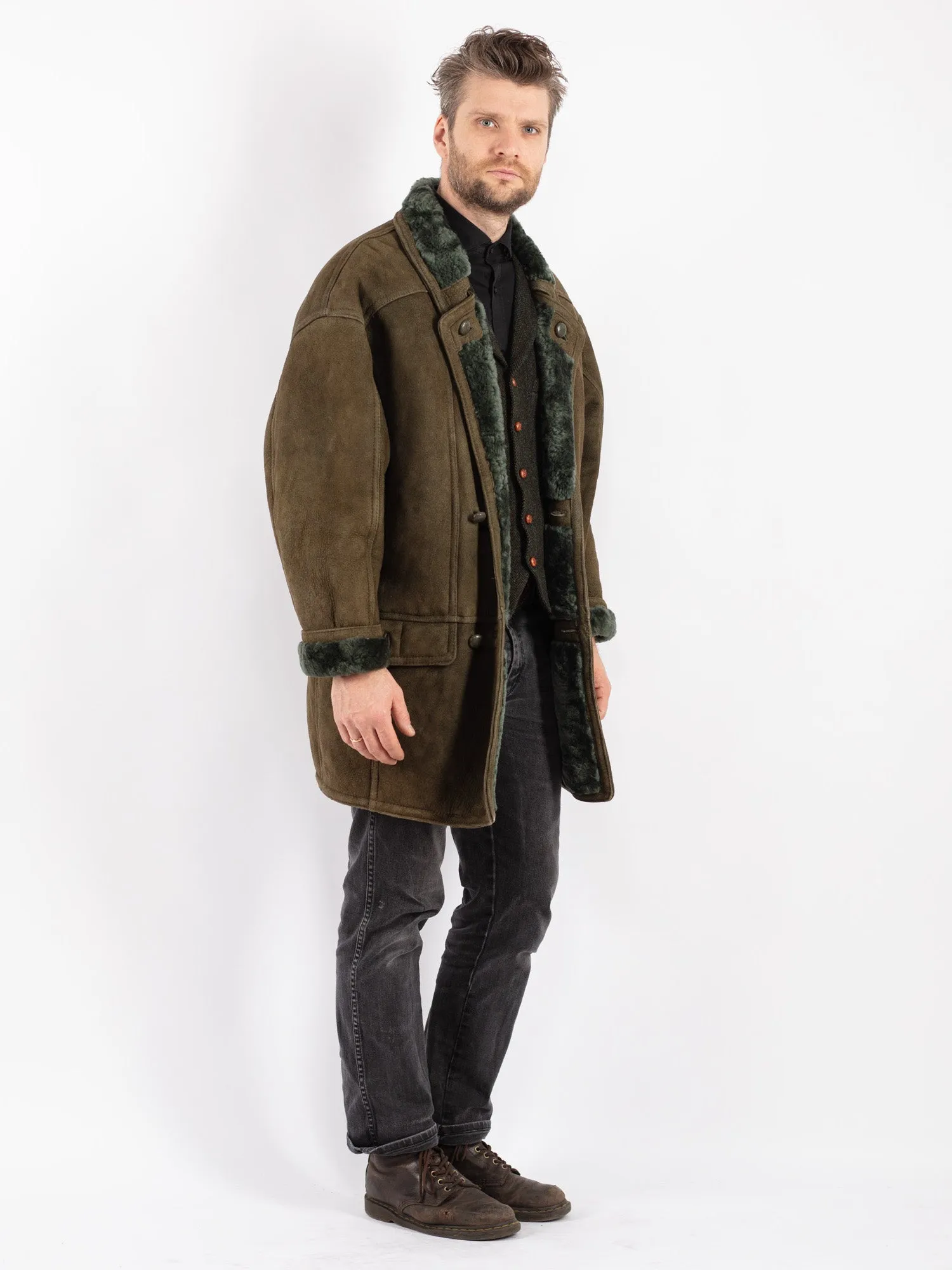 Vintage 80's Men Sheepskin Coat in Green