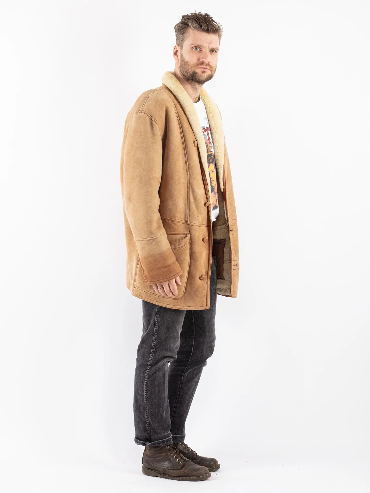 Vintage 80's Men Sheepskin Shearling Coat in Beige