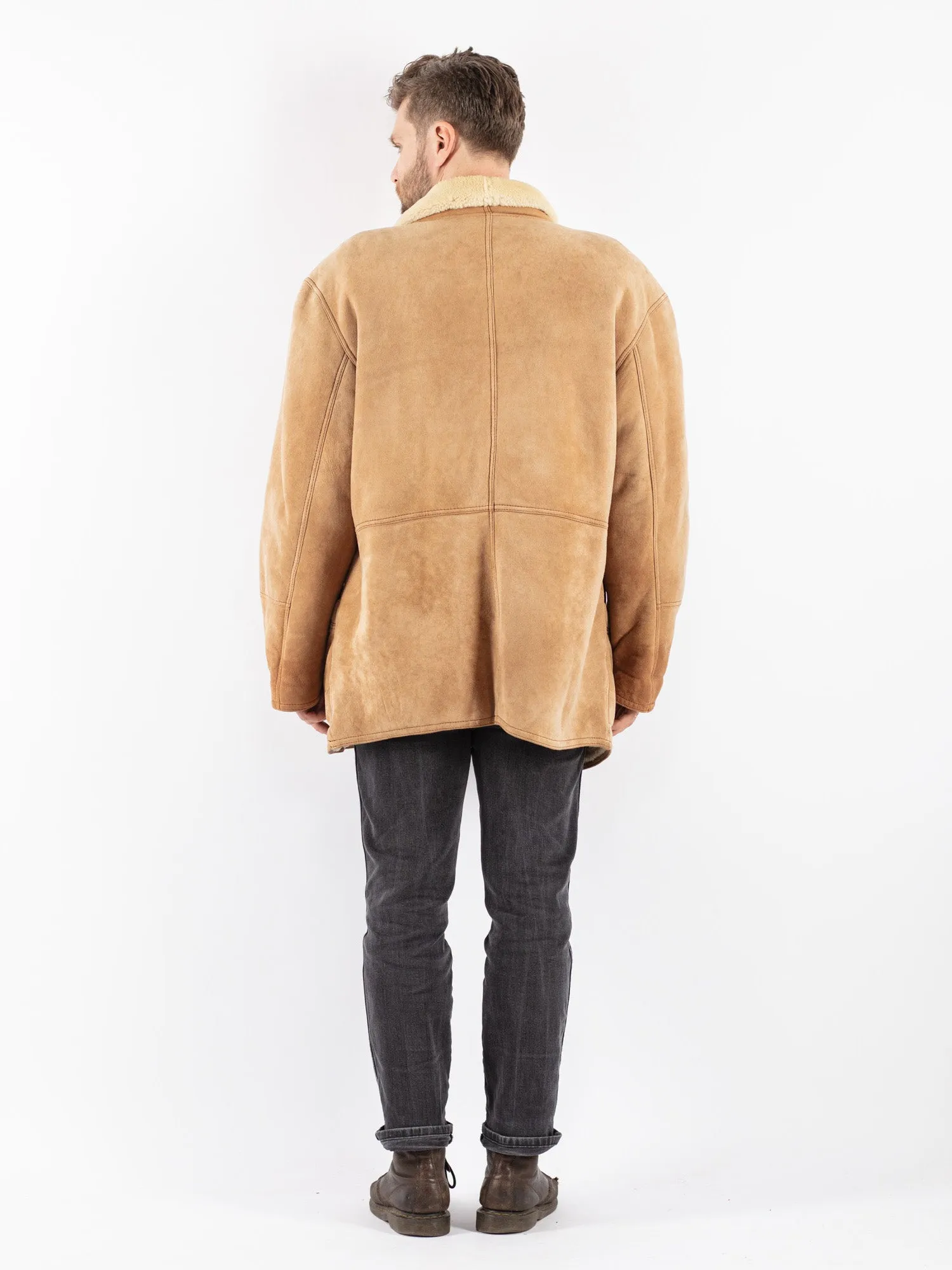 Vintage 80's Men Sheepskin Shearling Coat in Beige