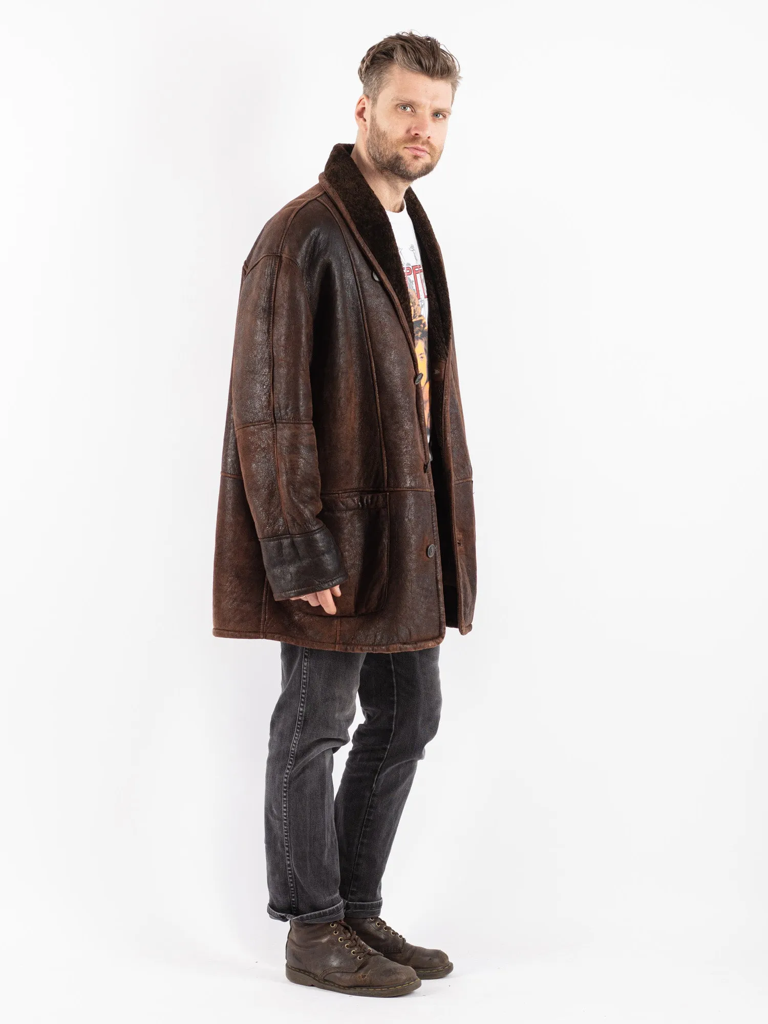 Vintage 80's Men Sheepskin Shearling Coat in Brown