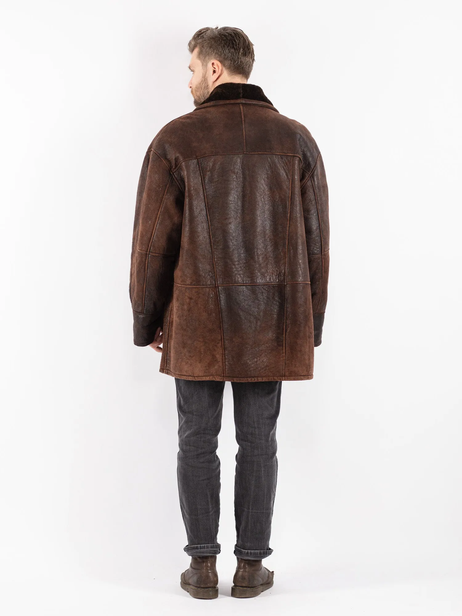 Vintage 80's Men Sheepskin Shearling Coat in Brown