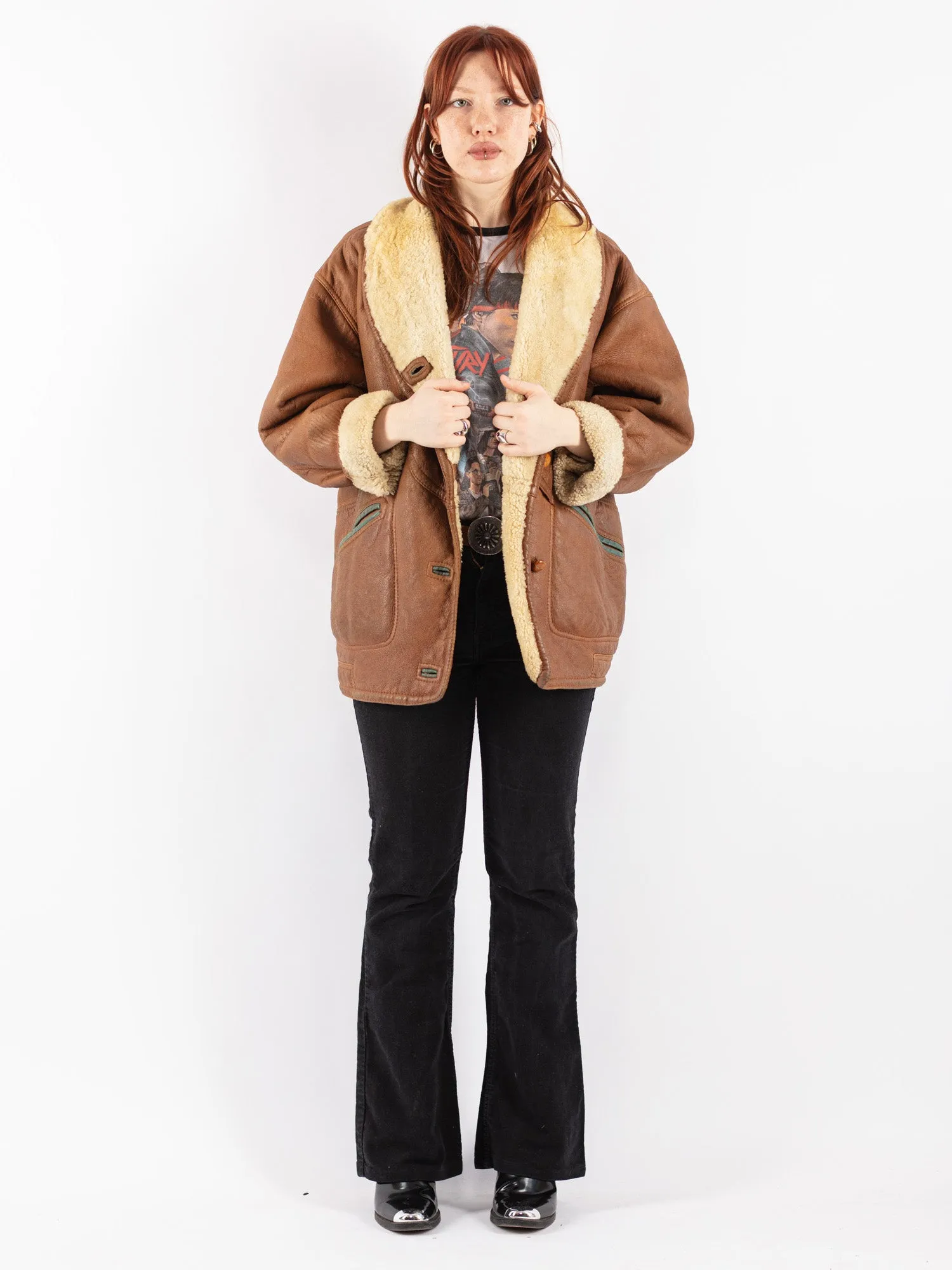 Vintage 80's Women Sheepskin Shearling Coat in Brown