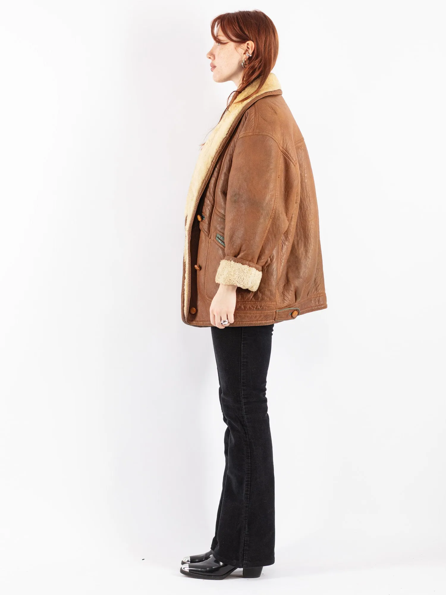 Vintage 80's Women Sheepskin Shearling Coat in Brown