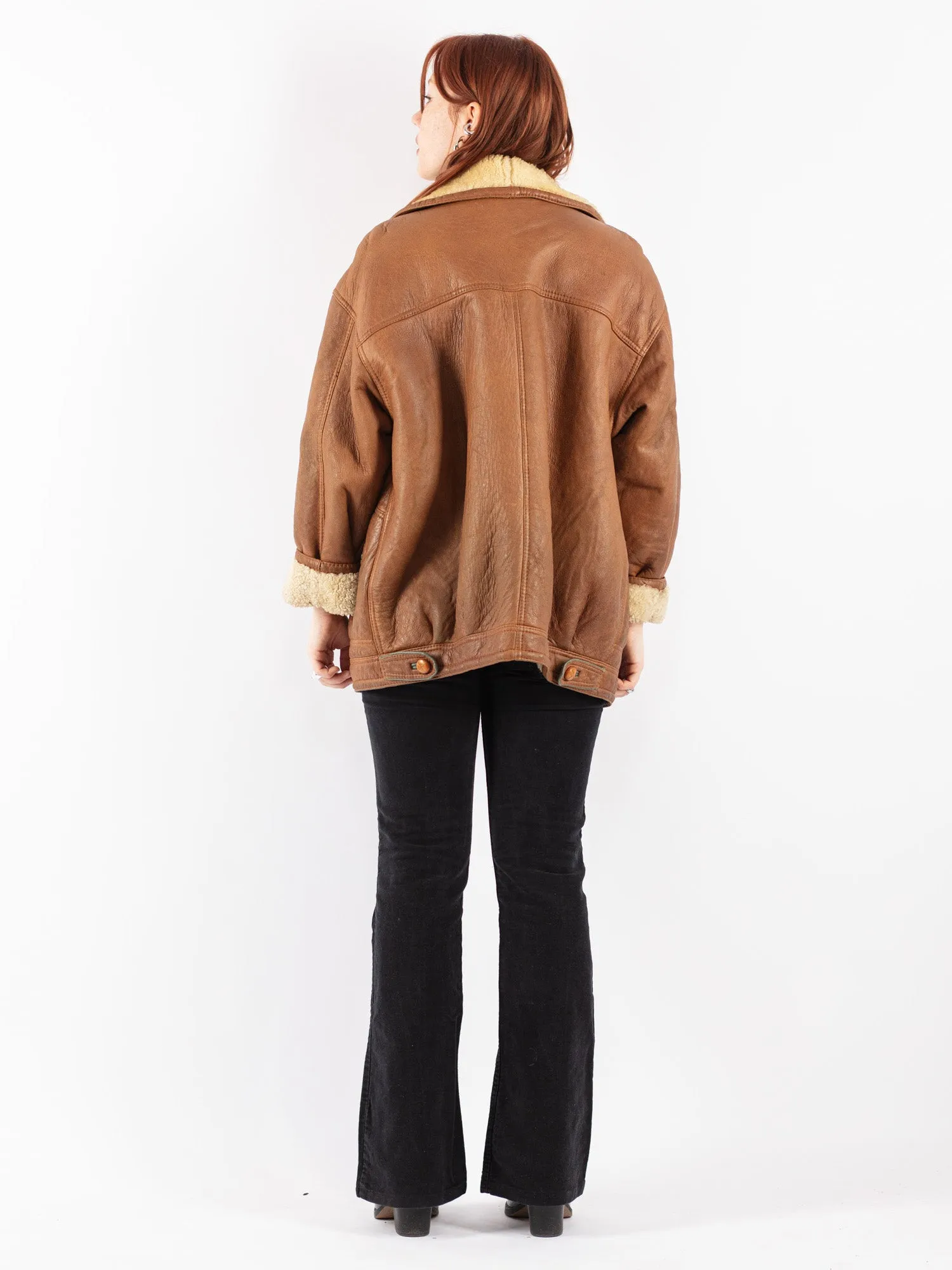 Vintage 80's Women Sheepskin Shearling Coat in Brown