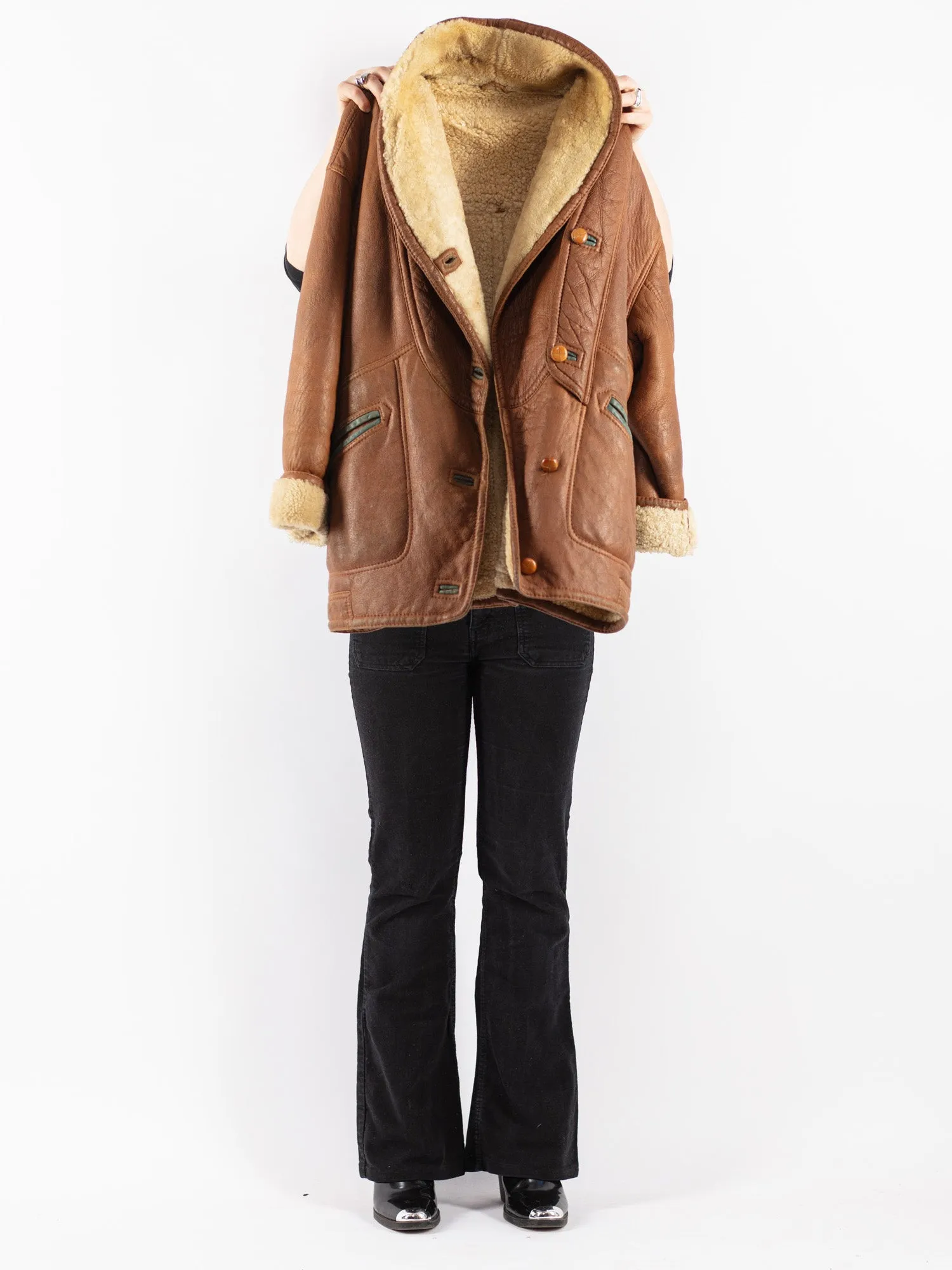 Vintage 80's Women Sheepskin Shearling Coat in Brown