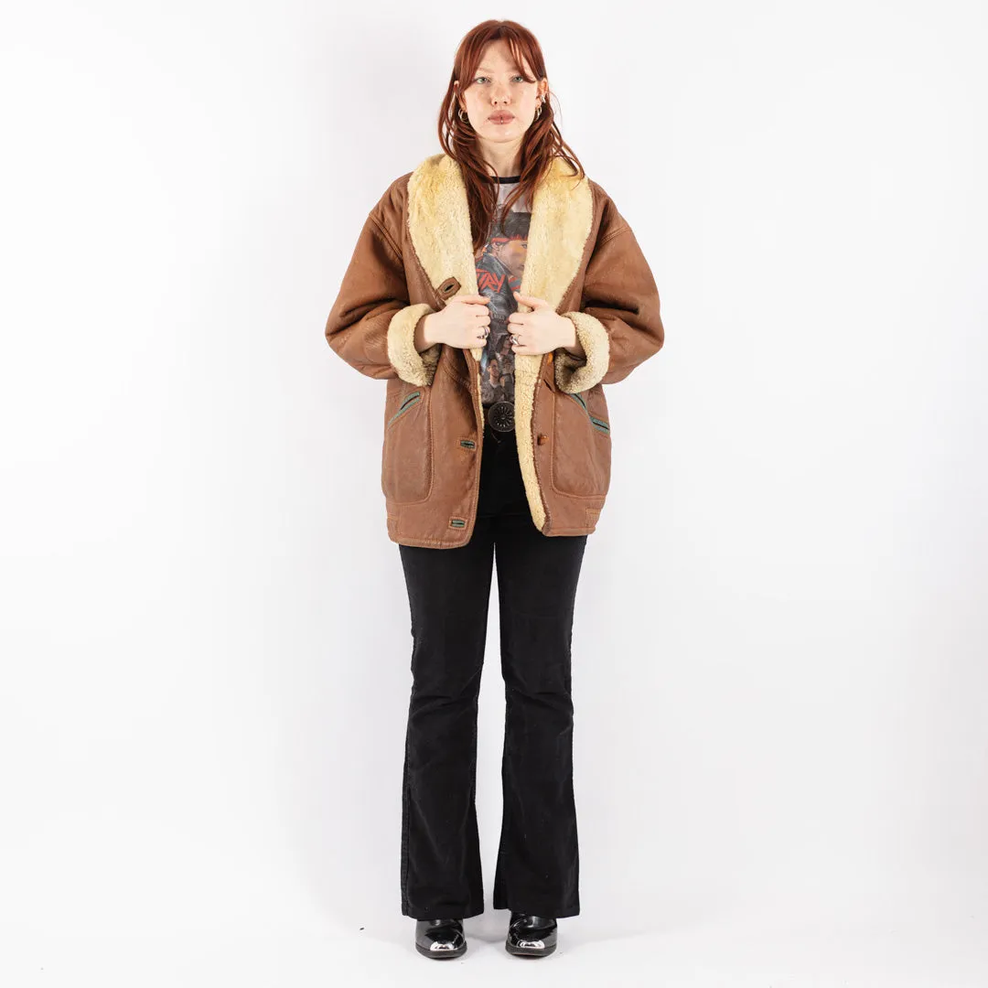 Vintage 80's Women Sheepskin Shearling Coat in Brown