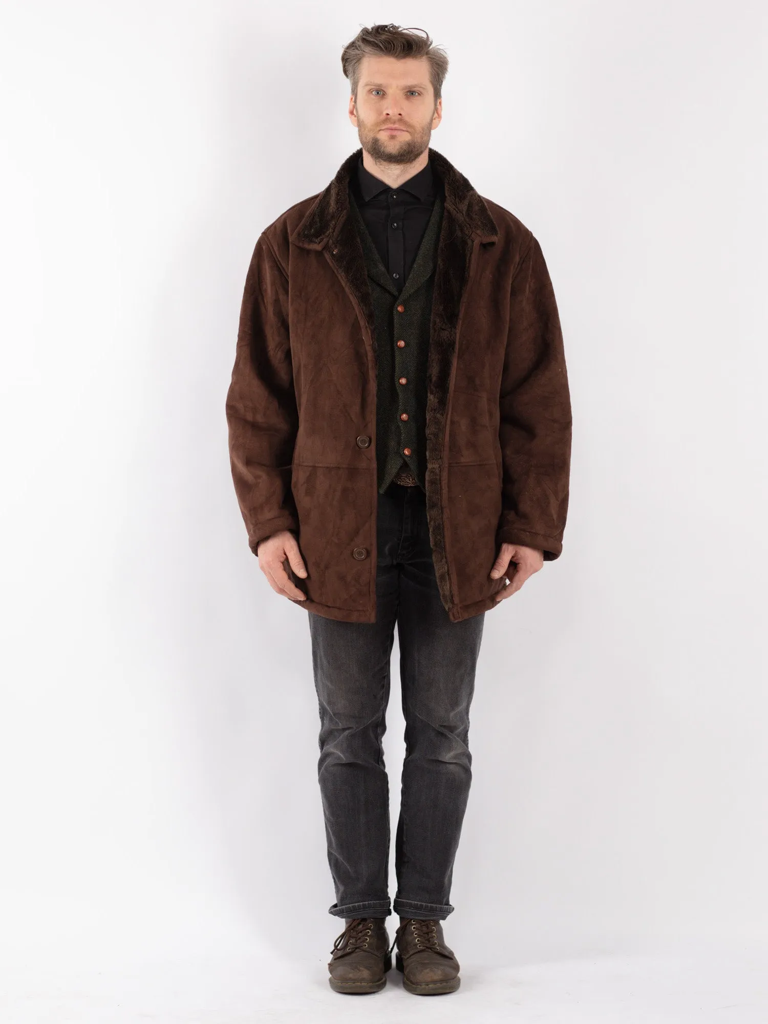 Vintage 90's Men Faux Sheepskin Coat in Brown