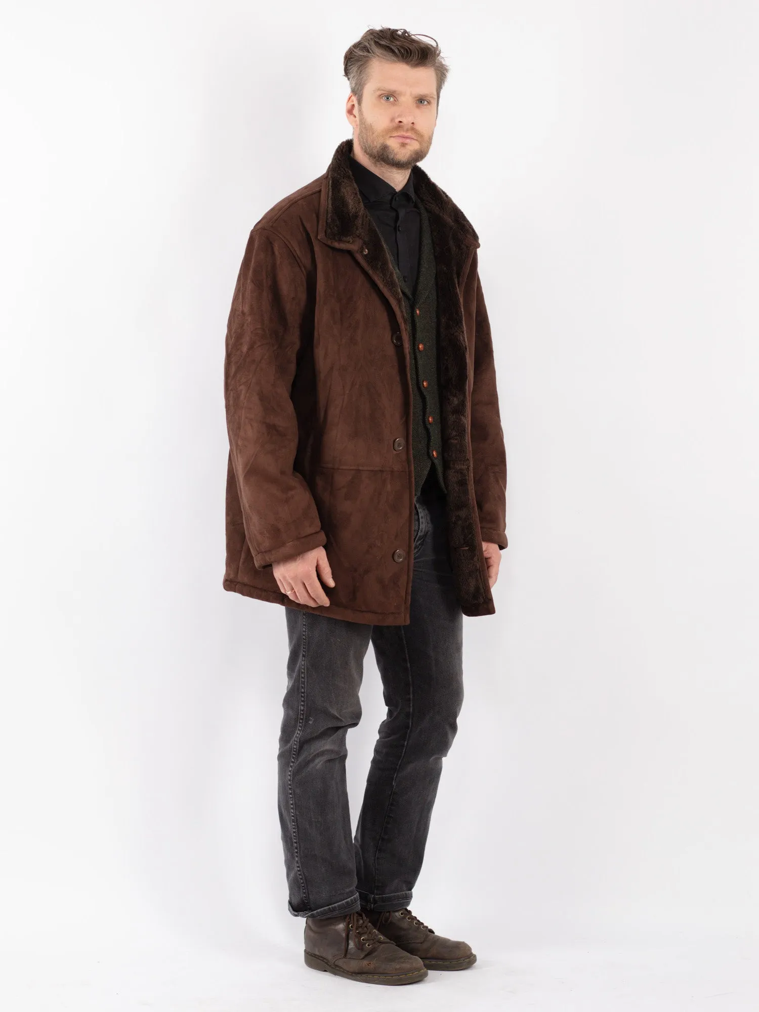 Vintage 90's Men Faux Sheepskin Coat in Brown