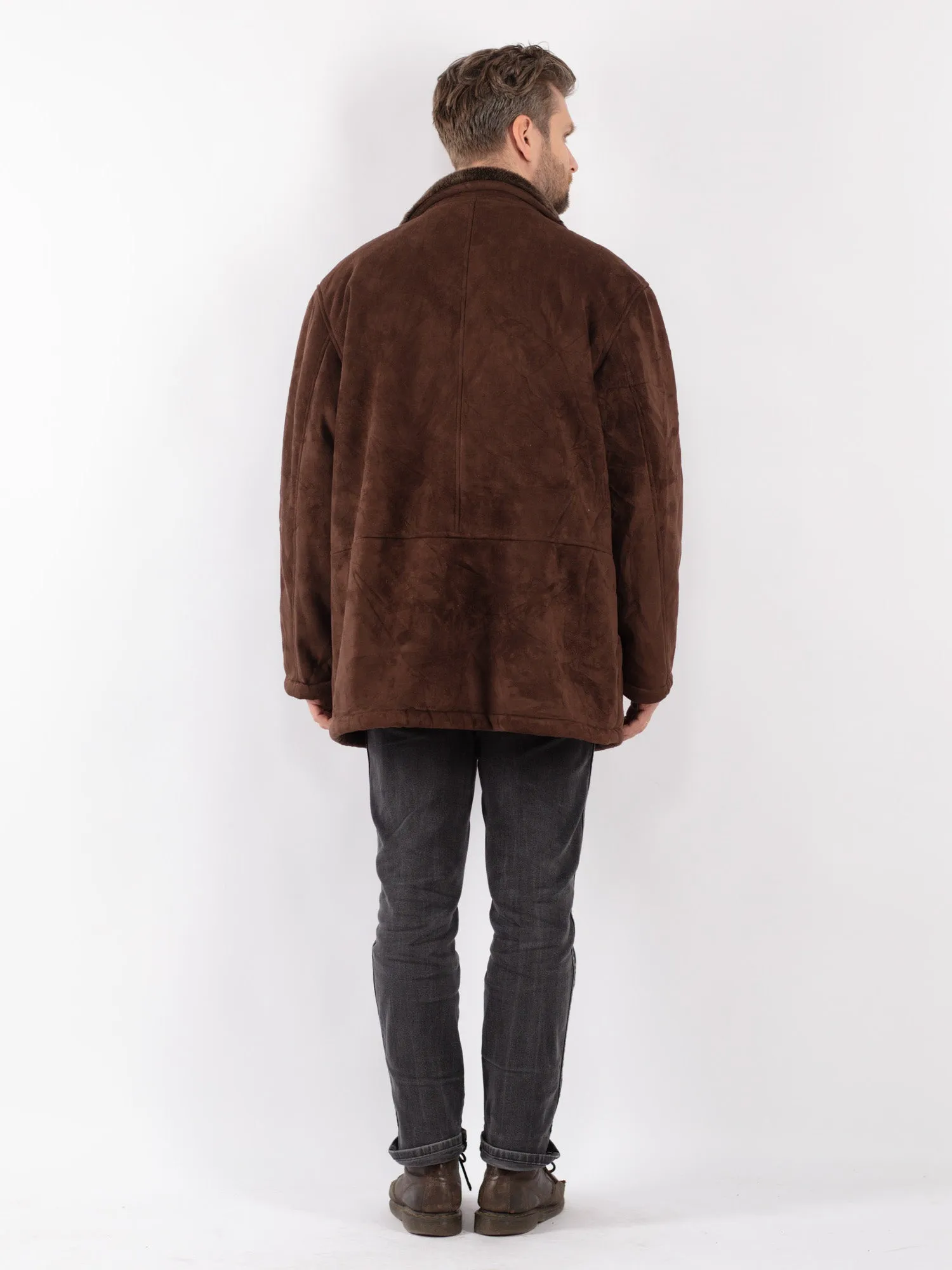 Vintage 90's Men Faux Sheepskin Coat in Brown