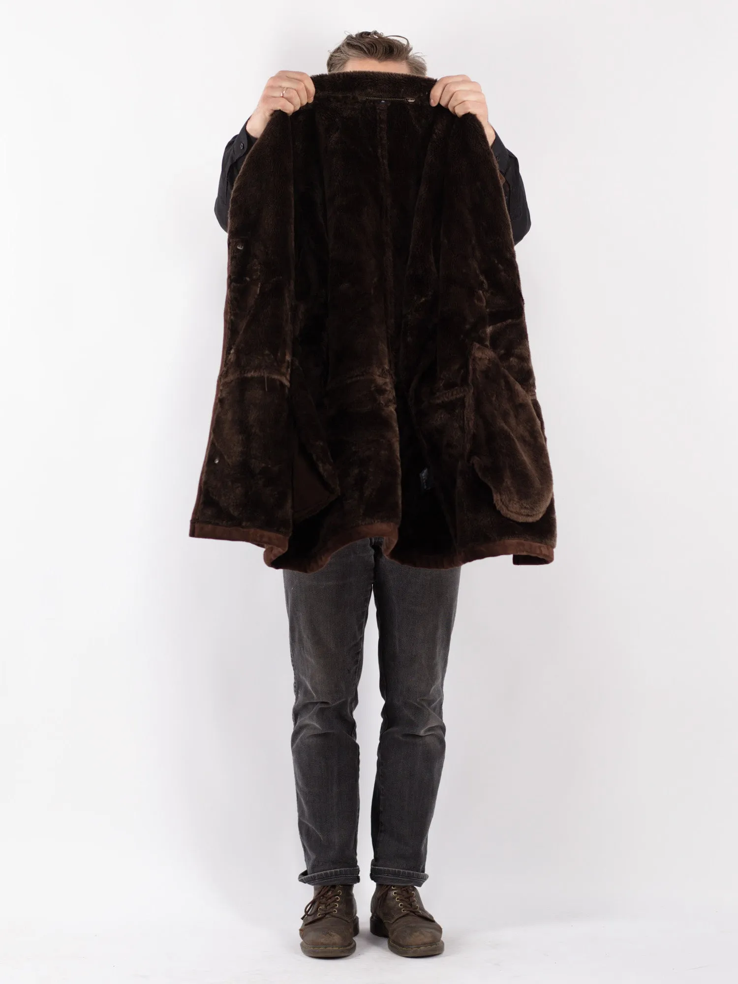 Vintage 90's Men Faux Sheepskin Coat in Brown