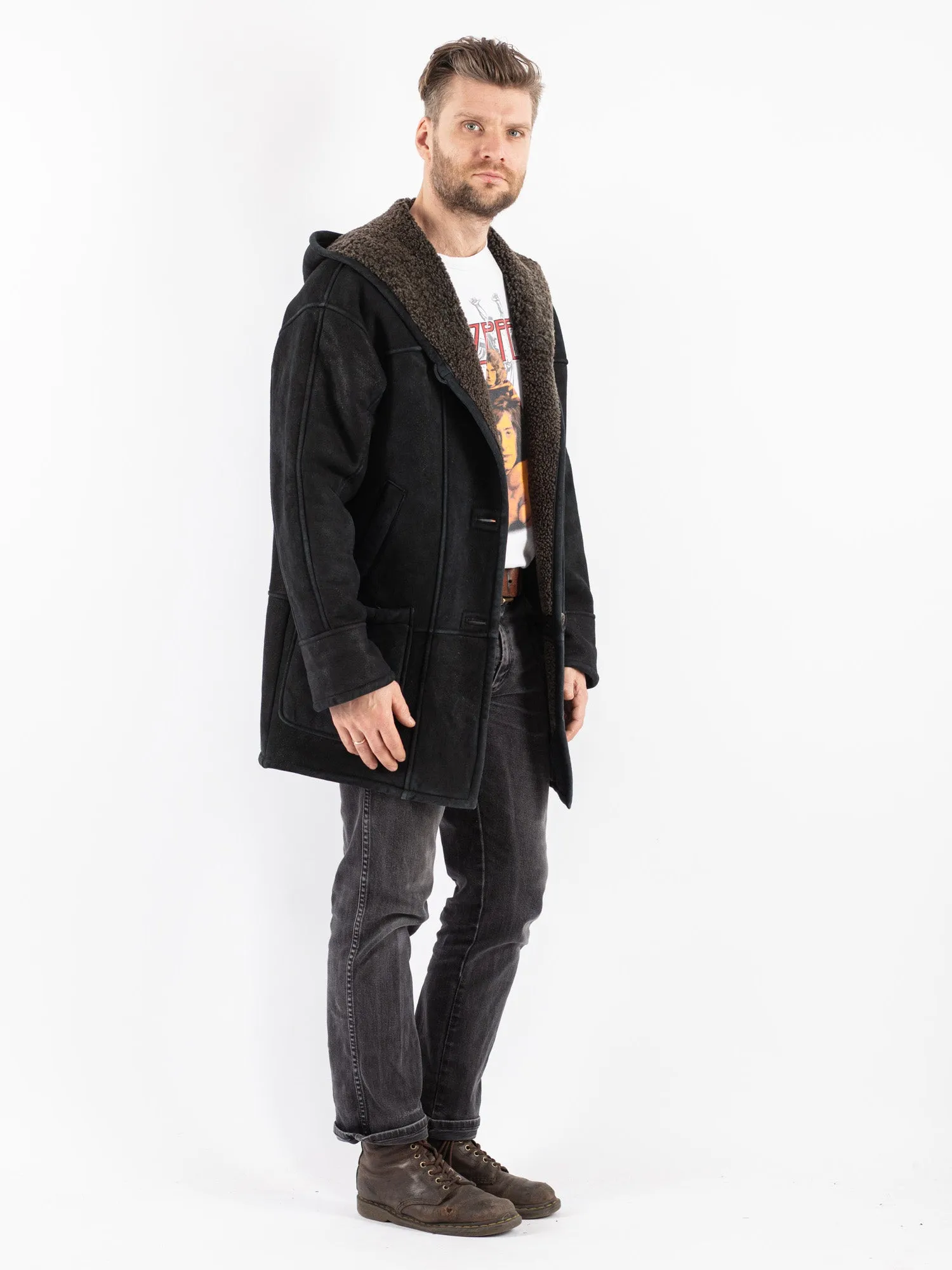 Vintage 90's Men Hooded Sheepskin Coat in Black