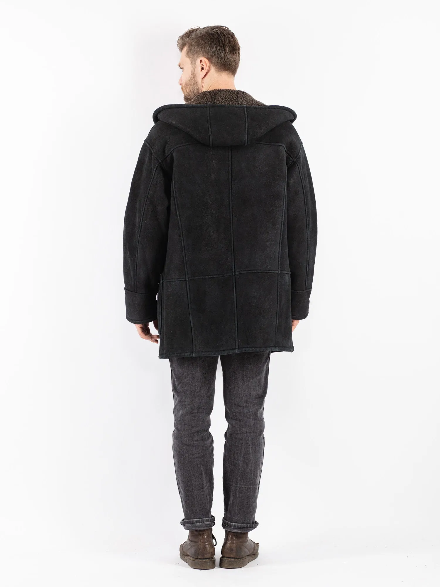 Vintage 90's Men Hooded Sheepskin Coat in Black