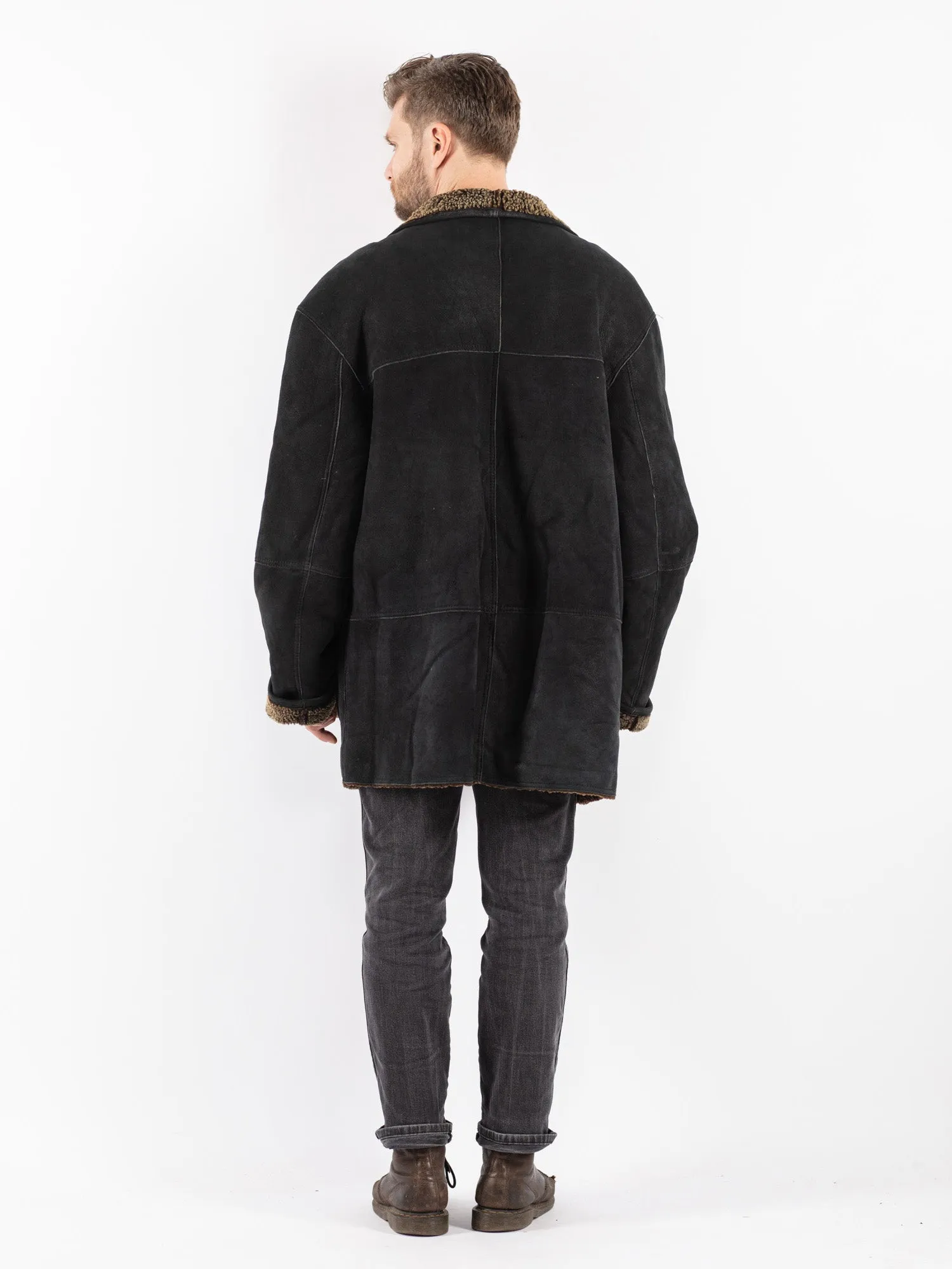 Vintage 90's Men Oversized Sheepskin Coat in Black