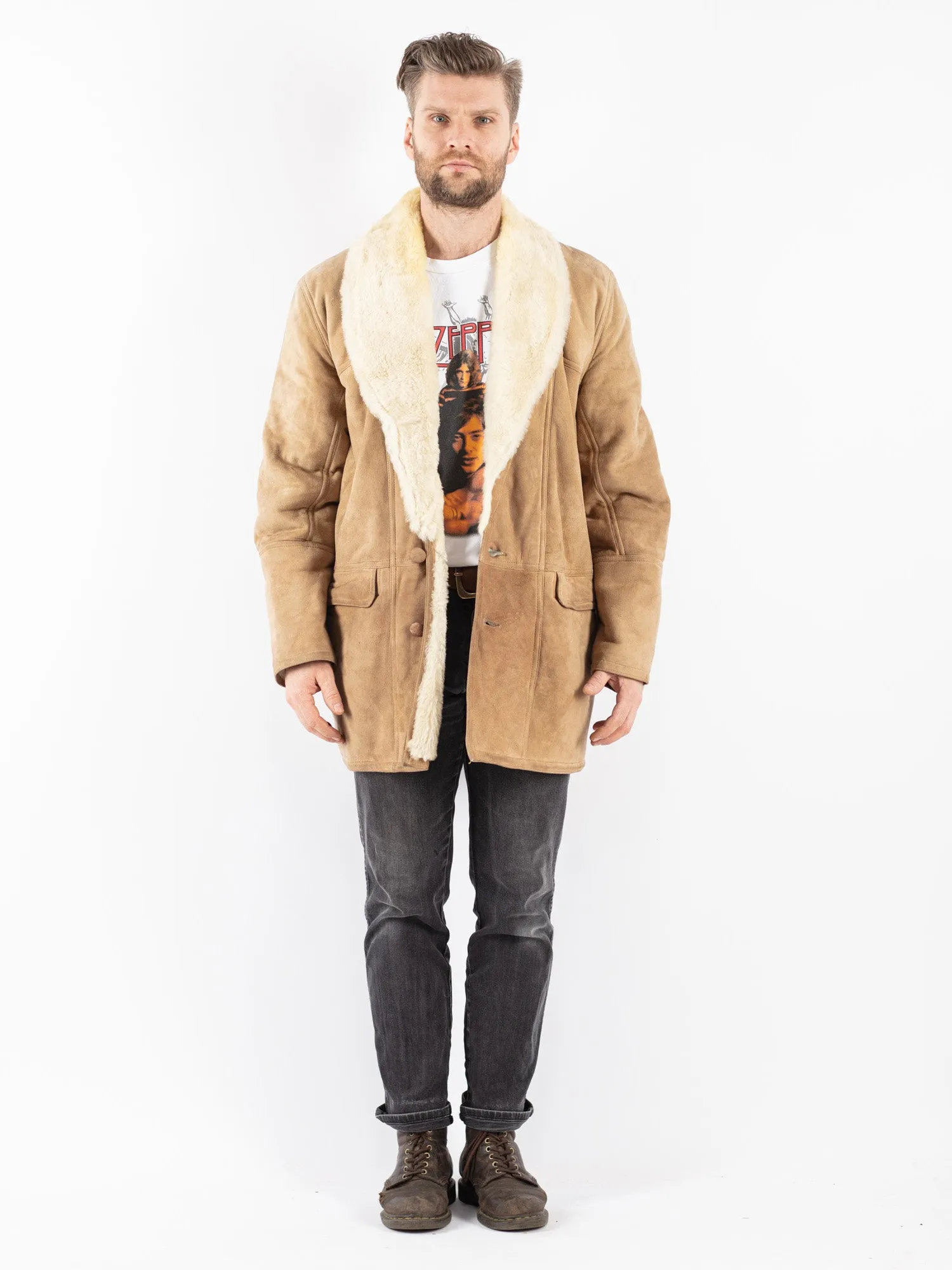 Vintage 90's Men Sheepskin Shearling Coat in Beige