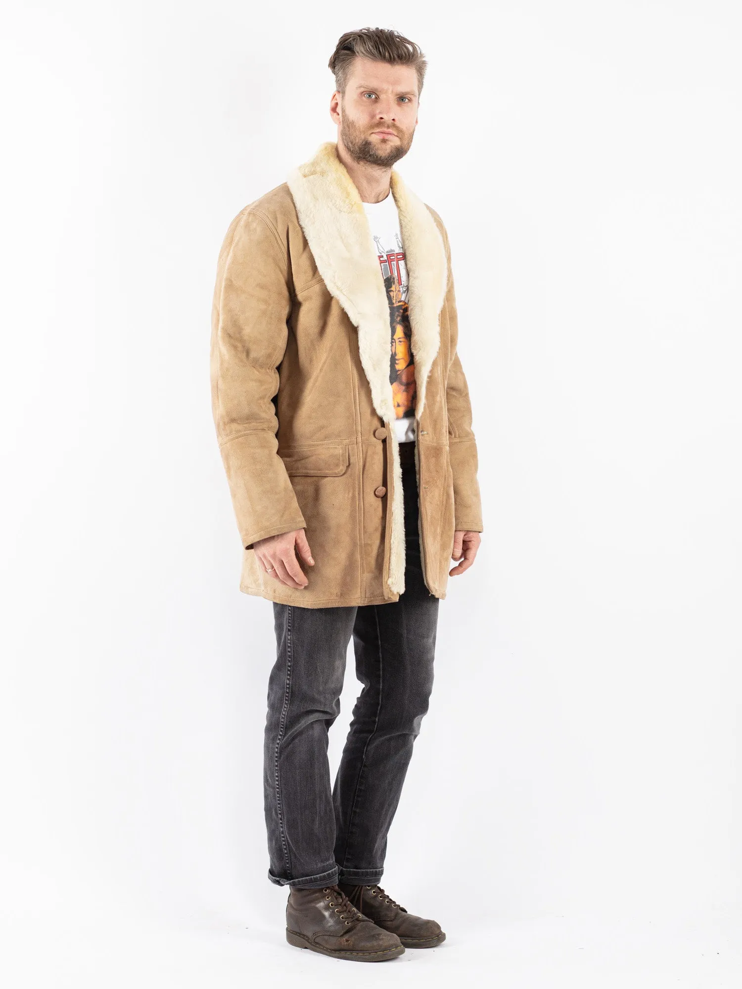 Vintage 90's Men Sheepskin Shearling Coat in Beige