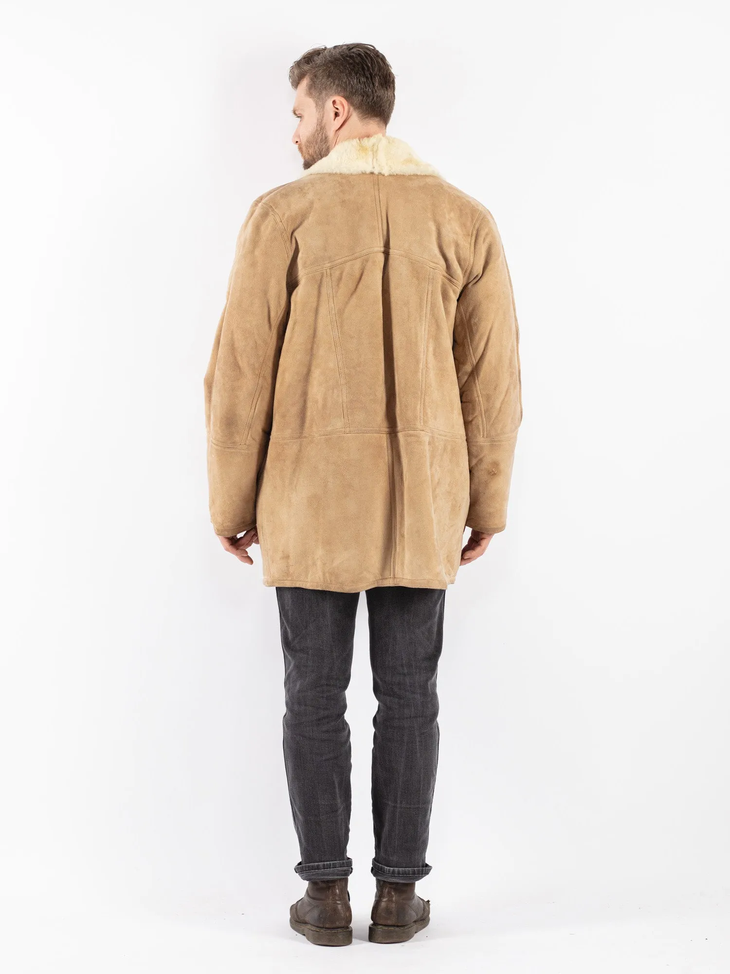 Vintage 90's Men Sheepskin Shearling Coat in Beige