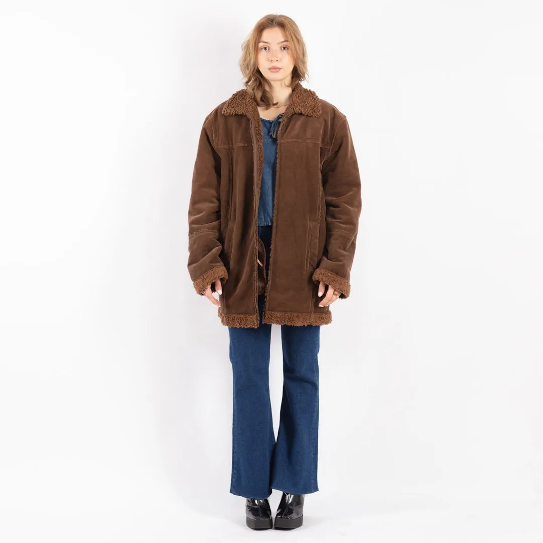 Vintage 90's Women Faux Sheepskin Coat in Brown