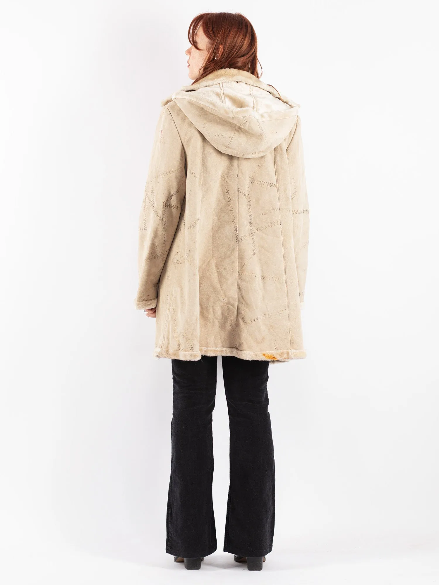 Vintage 90's Women Hooded Sherpa Coat in Beige