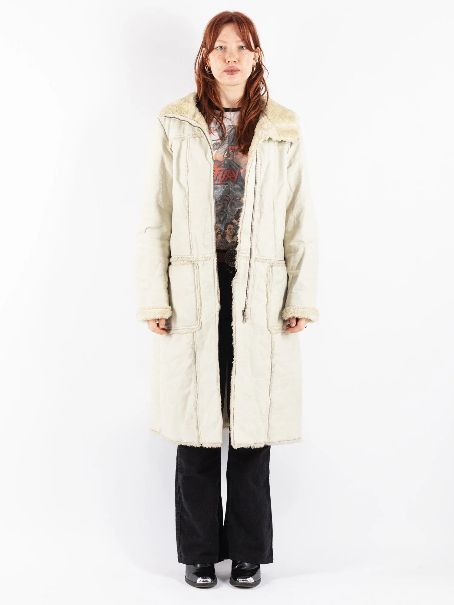 Vintage 90's Women Leather Sherpa Coat in Off White