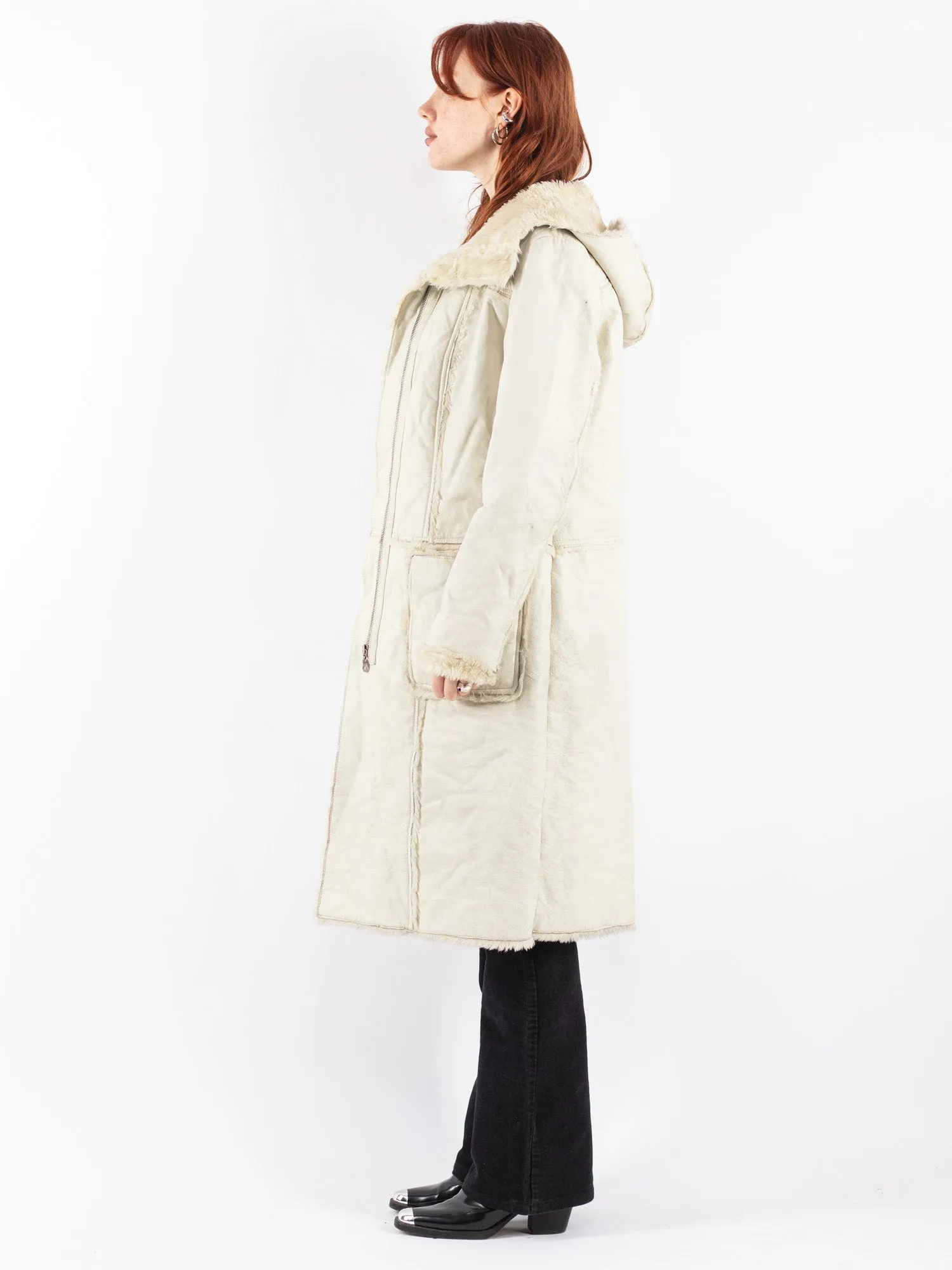 Vintage 90's Women Leather Sherpa Coat in Off White