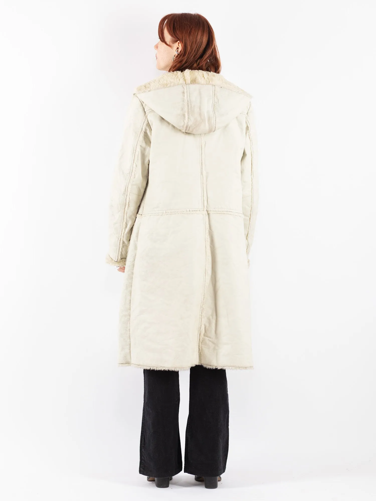 Vintage 90's Women Leather Sherpa Coat in Off White