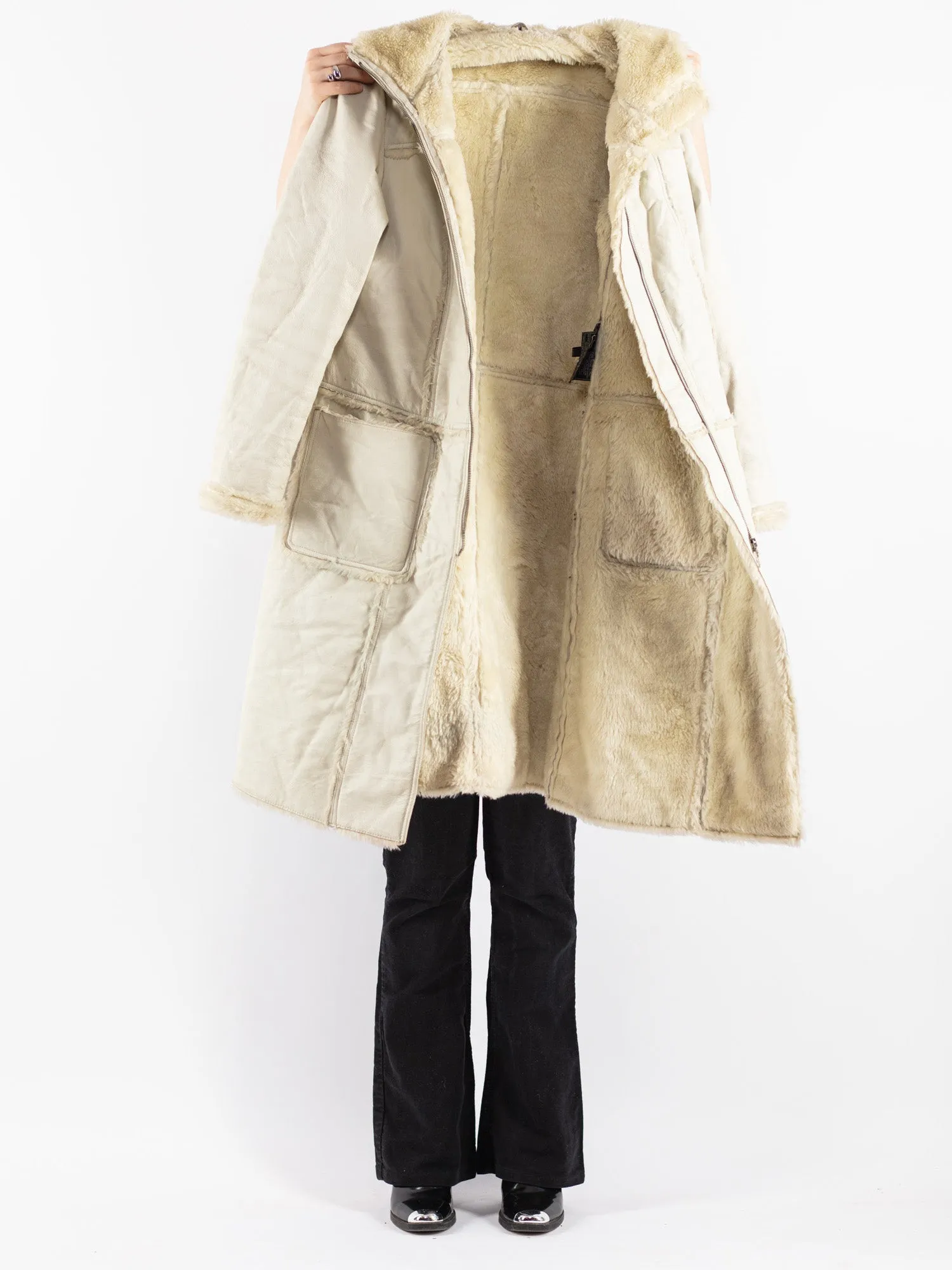 Vintage 90's Women Leather Sherpa Coat in Off White