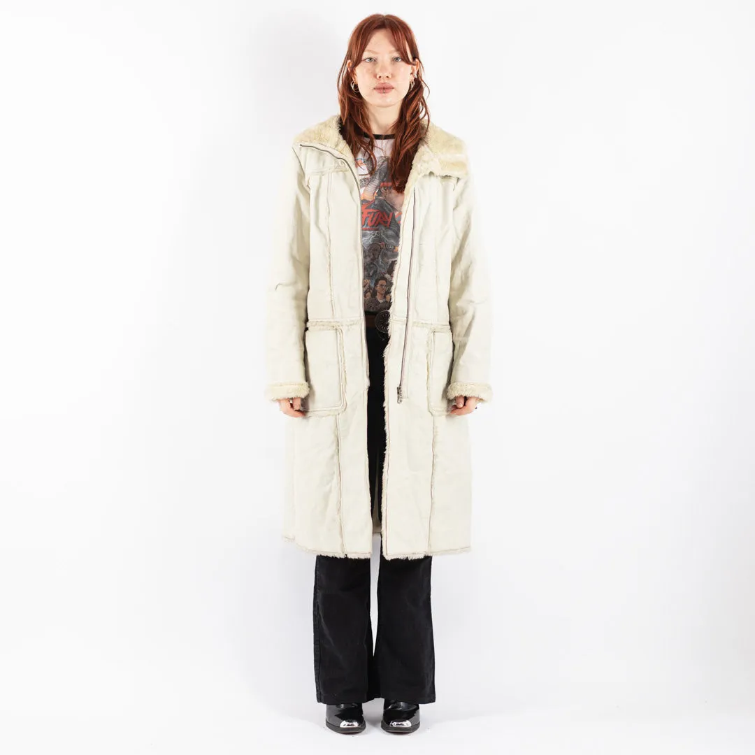 Vintage 90's Women Leather Sherpa Coat in Off White