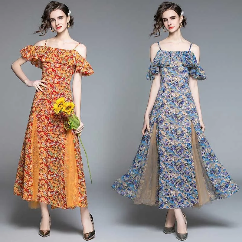 Vintage Casual Spaghetti Strap Printing Two-Wear Waist-Slimming Dress