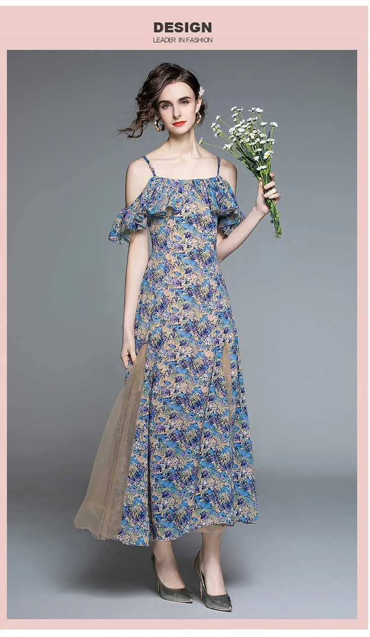 Vintage Casual Spaghetti Strap Printing Two-Wear Waist-Slimming Dress