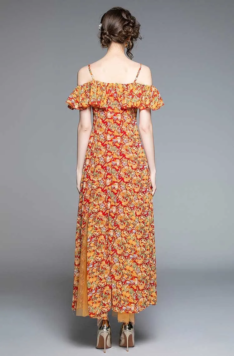 Vintage Casual Spaghetti Strap Printing Two-Wear Waist-Slimming Dress