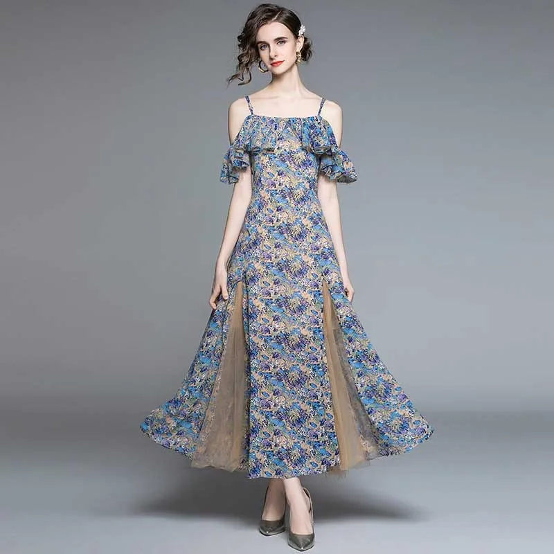 Vintage Casual Spaghetti Strap Printing Two-Wear Waist-Slimming Dress