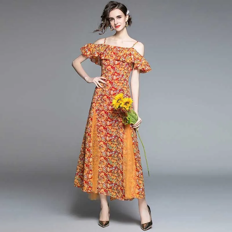 Vintage Casual Spaghetti Strap Printing Two-Wear Waist-Slimming Dress