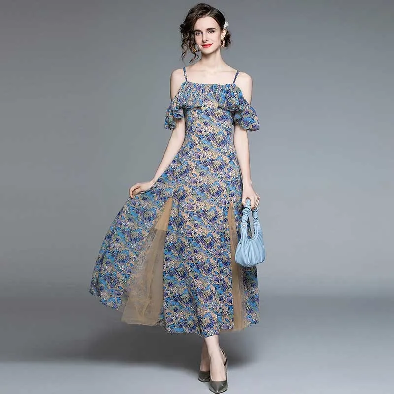 Vintage Casual Spaghetti Strap Printing Two-Wear Waist-Slimming Dress