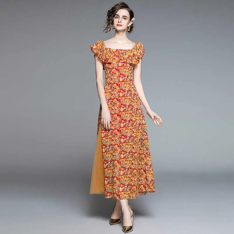 Vintage Casual Spaghetti Strap Printing Two-Wear Waist-Slimming Dress