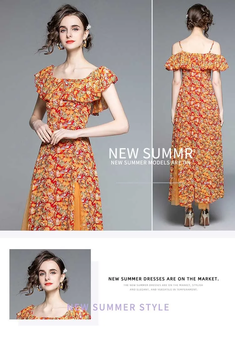 Vintage Casual Spaghetti Strap Printing Two-Wear Waist-Slimming Dress