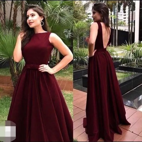 Vintage Maroon Low Back A line Simple High Neck Prom Dress